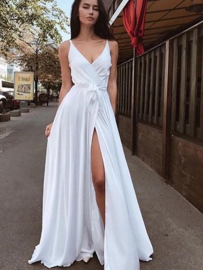 Белое длинное вечернее шелковое платье с запахом с открытыми плечами, фото 1
