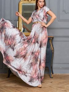 Нарядное длинное стальное платье с цветочным принтом
