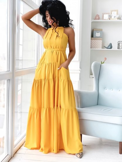 Желтое нарядное платье А-силуэта в пол с карманами, фото 1