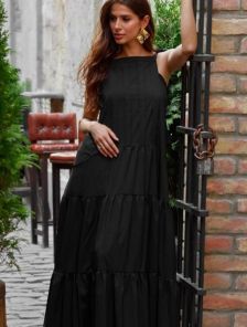 Черное летнее платье А-силуэта в пол с карманами