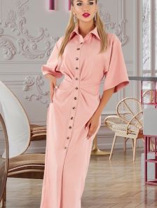 Розовое приталенное платье макси с широкими рукавами