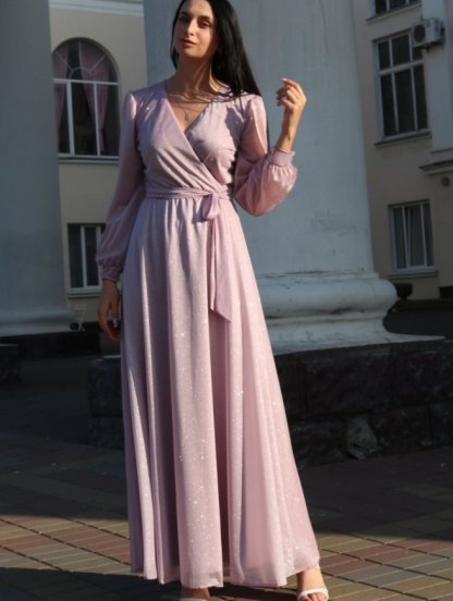 Вечернее светлое платье большого размера в пол на длинный рукав, фото 1