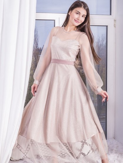 Нарядное золотистое расклешенное блестящее платье с сеткой, фото 1