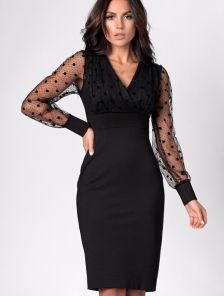 Нарядное черное платье с блеском и горошком на длинный рукав