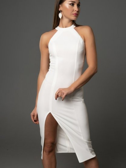Белое облегающее платье с открытой спиной и разрезом на ноге, фото 1