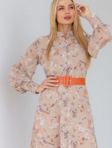 Бежевое шифоновое платье с цветочным принтом