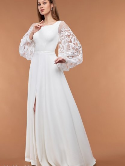 Белое свадебное длинное платье с кружевными рукавами и круглым вырзеом на роспись, фото 1