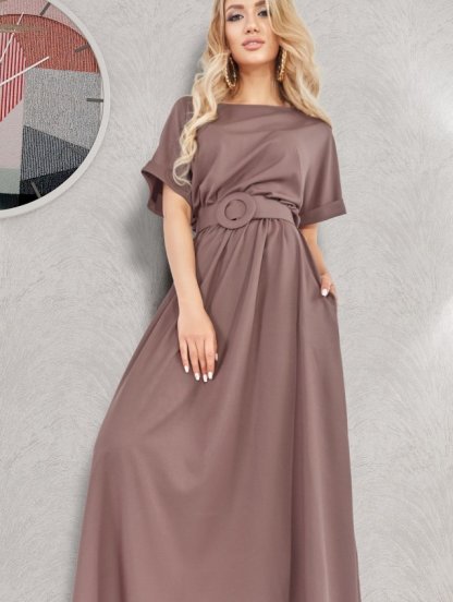 Летнее платье макси-длины с поясом коричневого цвета, фото 1