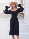Летнее черное льняное платье с открытыми плечами и топом-резинкой, фото 3