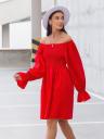 Летнее красное льняное платье с открытыми плечами, фото 3