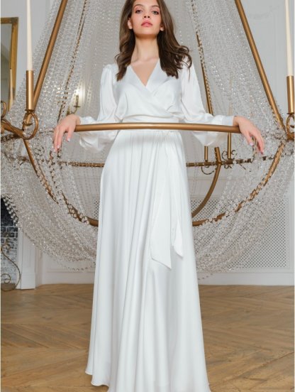 Вечернее белое шелковое платье в пол с длинными рукавами, фото 1