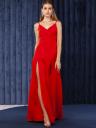 Красное вечернее длинное платье на бретелях с разрезом, фото 4