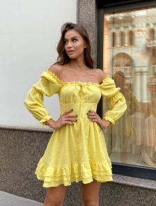 Летнее льняное желтое платье-мини на длинный рукав