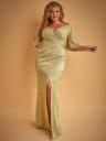Длинное нарядное золотистое блестящее платье с разрезом, фото 3