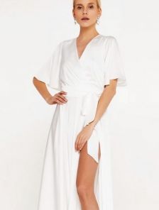 Нарядное шелковое белое платье в пол, юбка-солнце с разрезом