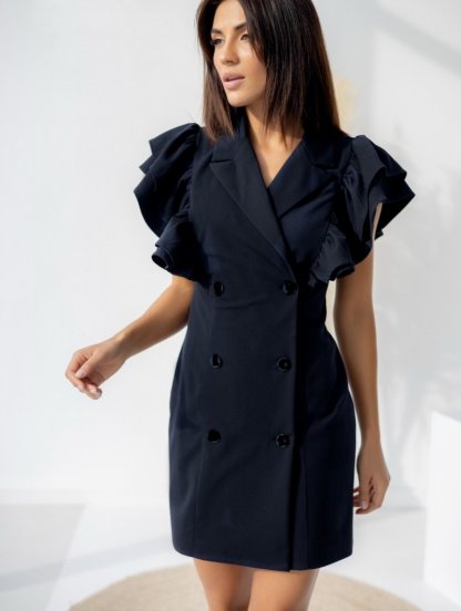 Черное платье-пиджак с пышными воланами на запах, фото 1