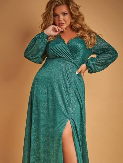 Длинное блестящее платье в пол с длинным рукавом изумрудного цвета, фото 1