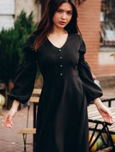 Черное платье с V-образным вырезом и модельным рукавом