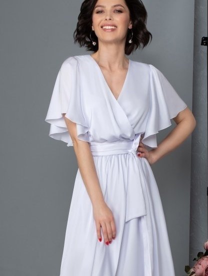 Нарядное шелковое белое платье в пол, юбка-солнце с разрезом, фото 1