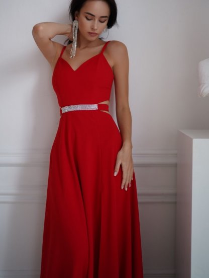 Красное нарядное легкое вечернее платье на тонких бретелях, фото 1