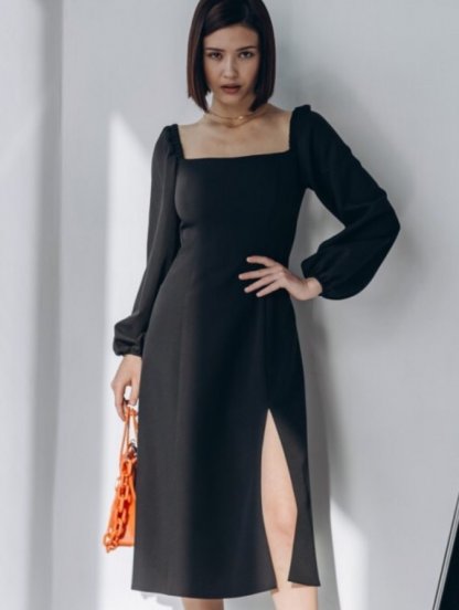 Черное классическое платье с квадратным вырезом на длинный рукав, фото 1
