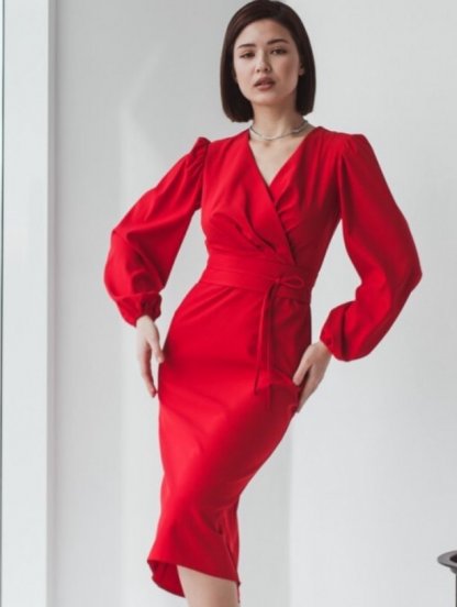 Красное классическое платье футляр миди длины на длинный рукав, фото 1
