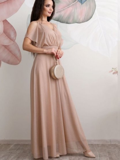 Длинное золотистое блестящее платье в пол с запахом по груди, фото 1