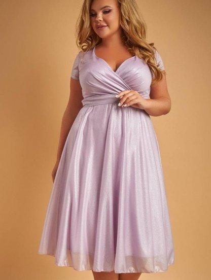 Блестящее платье длины миди лилового цвета с коротким рукавом, фото 1