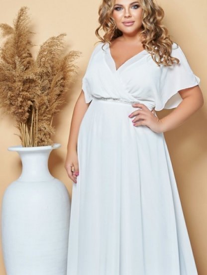 Нарядное шифоновое белое платье большого размера в пол с поясом, фото 1