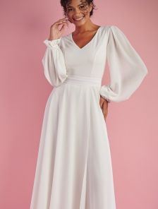 Нарядное белое шифоновое платье в пол на длинный рукав
