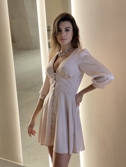 Шелковое нарядное короткое лилово - пудровое платье с 3/4, фото 1