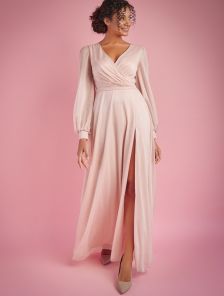 Нарядное блестящее шифоновое платье в пол персикового цвета
