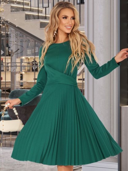 Теплое зеленое платье плиссе на длинный рукав, фото 1