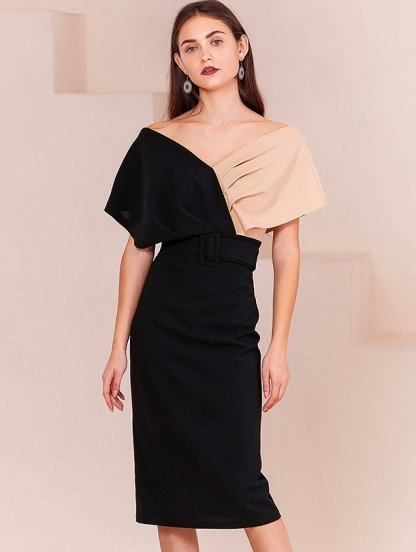 Нарядное двухцветное платье футляр с поясом, черный с бежевым, фото 1