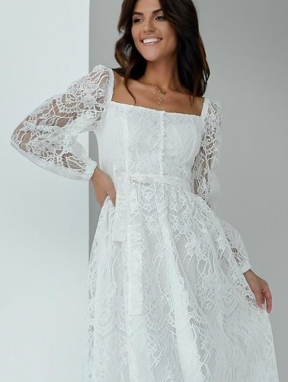 Белое кружевное платье с кружевным вырезом и на длинный рукав, фото 1