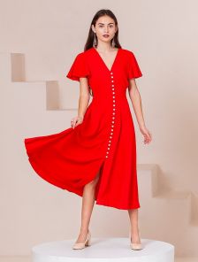 Летнее легкое красное платье на короткий рукав миди длины