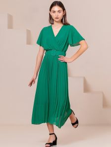 Шифоновое зеленое платье c юбкой-плиссе, имитацией запаха, коротким рукавом