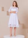 Молочное нарядное короткое кружевное платье с рукавом 3/4, фото 4