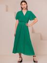 Шифоновое зеленое платье c юбкой-плиссе, имитацией запаха, коротким рукавом, фото 2
