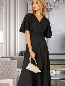 Черное вечернее длинное платье с коротким рукавом