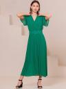 Шифоновое зеленое платье c юбкой-плиссе, имитацией запаха, коротким рукавом, фото 5