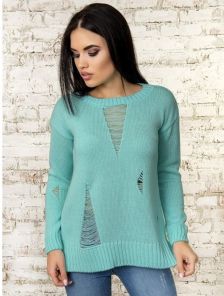 Женский теплый свитер с оригинальными потертостями мятного цвета