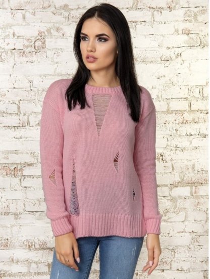 Женский теплый свитер с оригинальными потертостями розового цвета, фото 1