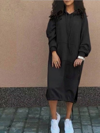 Черное длинное платье на флисе с капюшоном и карманами, фото 1