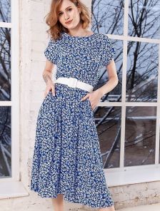 Летнее синее штапельное натуральное платье с цветочным принтом