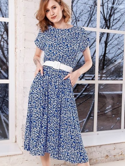 Летнее синее штапельное натуральное платье с цветочным принтом, фото 1