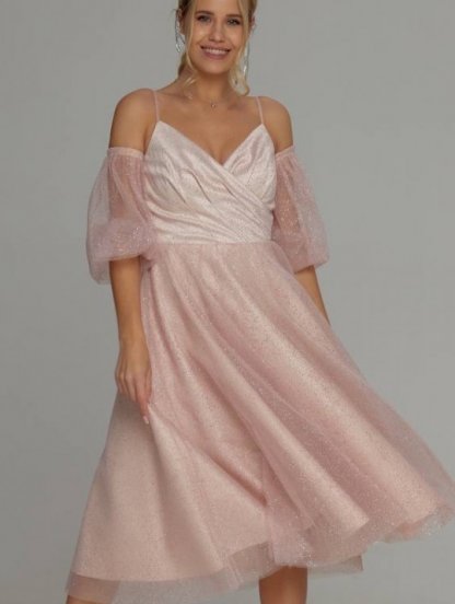 Светлое розовое платье с открытыми плечами и сьемным рукавом, фото 1