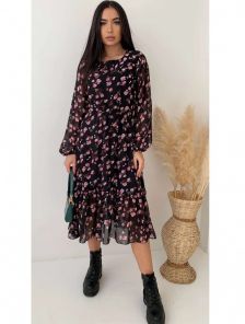 Цветочное черное платье миди с длинным рукавом