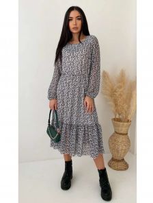 Цветочное серое платье миди с длинным рукавом