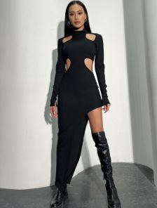 Черное модное платье с юбкой ассиметричной длиной